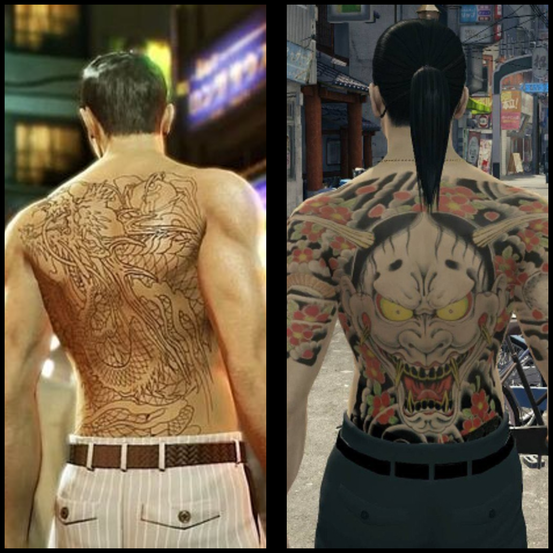 display of Kiryu's back tattoo on the left and Majima's back tattoo on the right